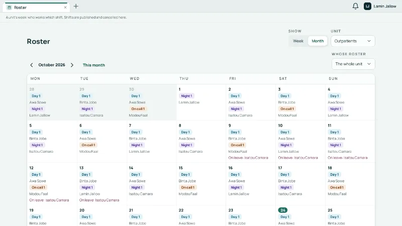 The roster's month: who works which shift, and who is on leave.
